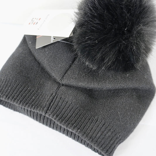 Beanie Wool Hat Rhinestone Smile Face Black Women Kid Knit Faux Fur Pompom Haute